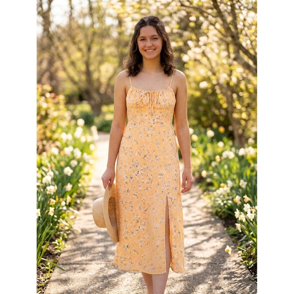 Sundress Yellow Floral Fairy Babydoll Slip Dress Midi Smocked Back Womens Sz. XL